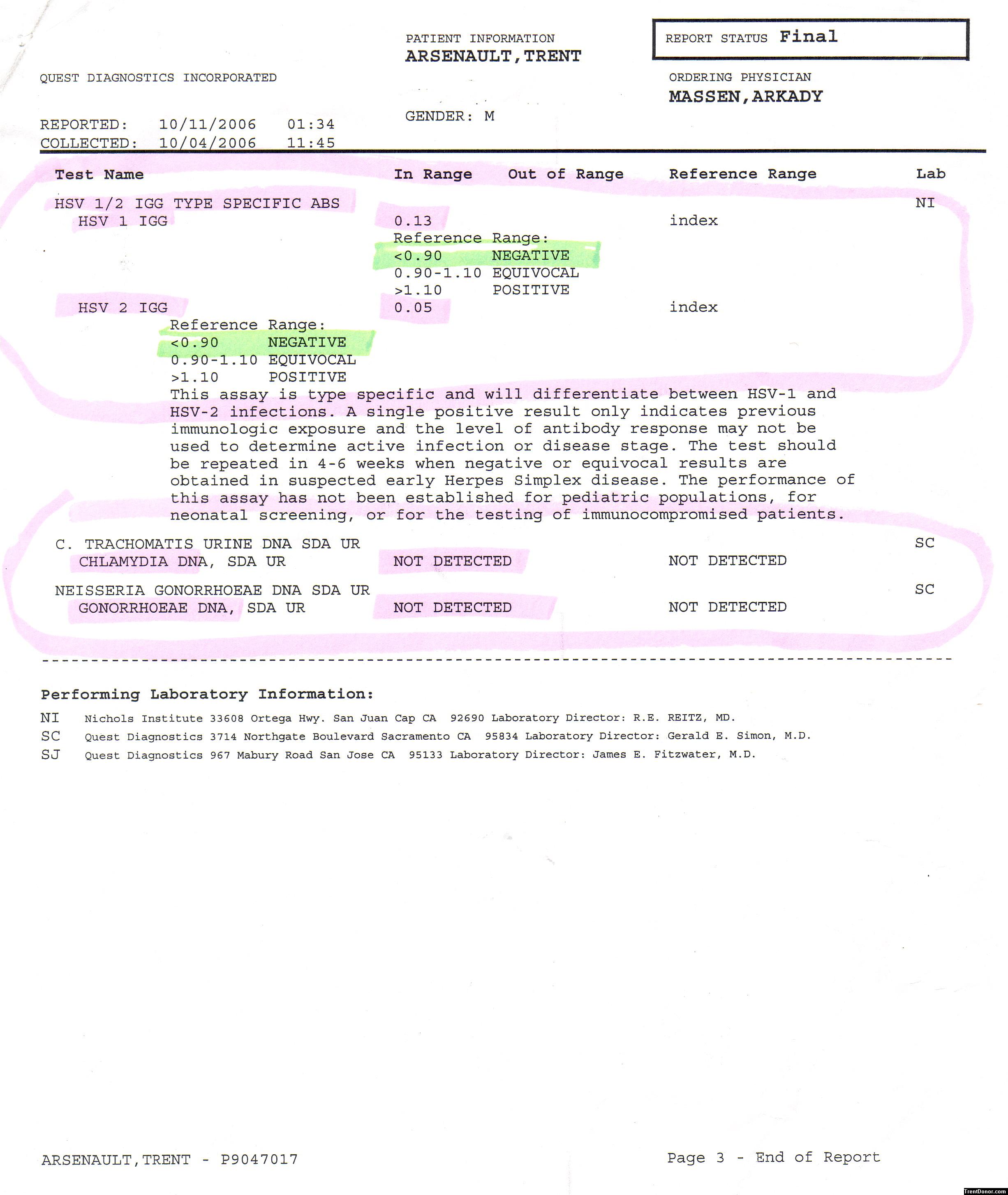 HSV 1/2 (Herpes), Chlamydia, Gonorrhoeae (October 4th, 2006 pg 3of3)