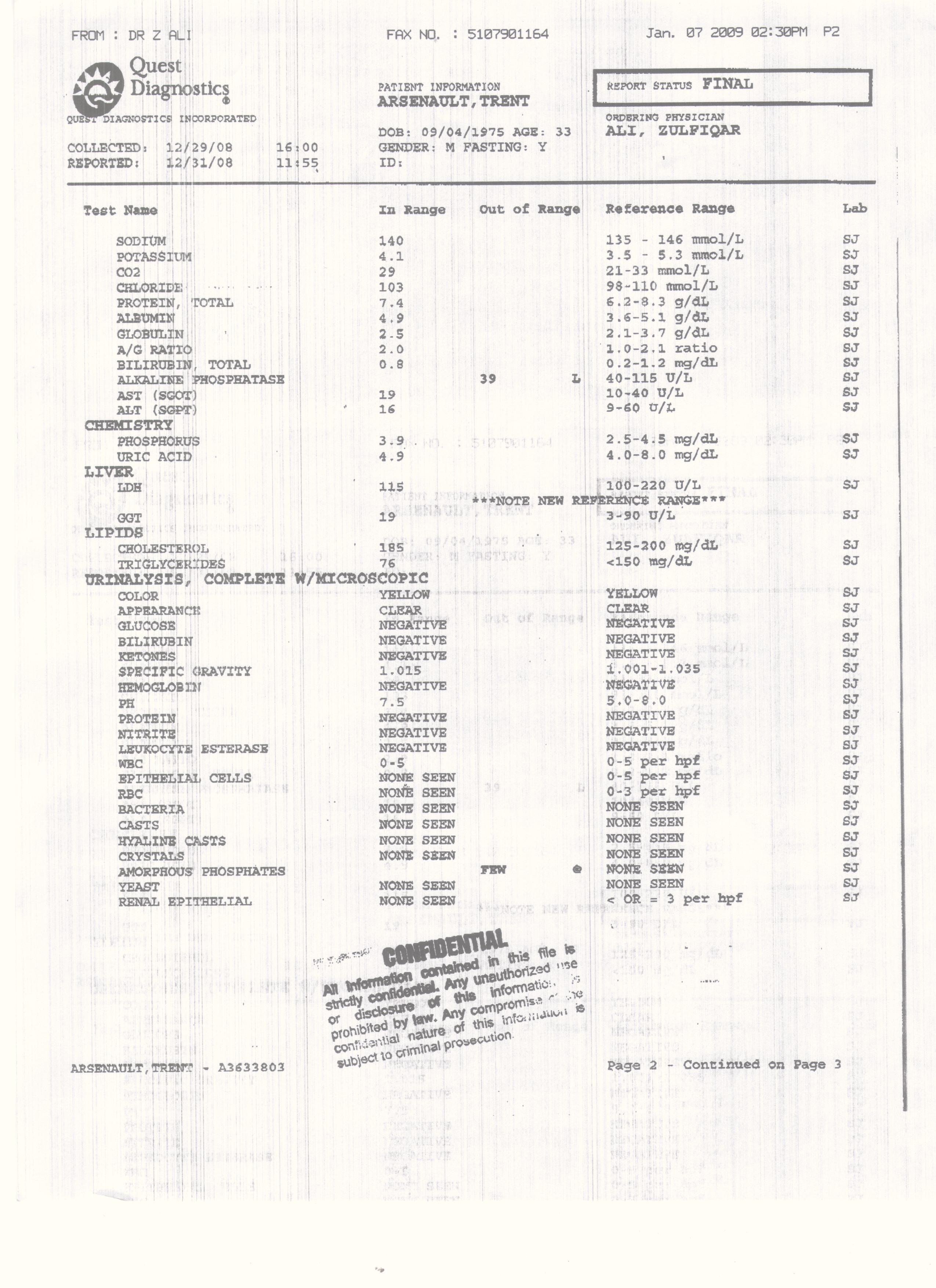 12/29/08 STD Test - Page 2 - Cholesterol Urinalisys, CBC