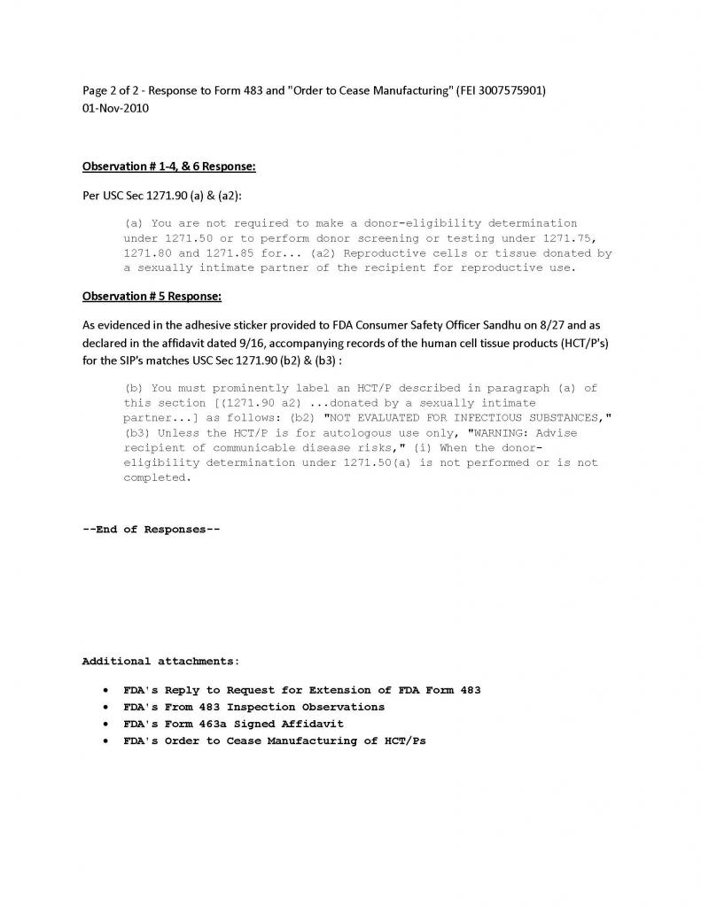 Reply to FDA Inspection and Cease Order - 01-Nov-2010 - Page 2 of 2