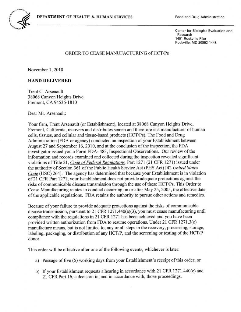 FDA Order to Cease Manufacturing - 01-Nov-2010 - Page 1 of 5