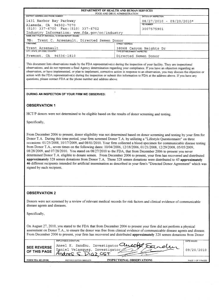 Form FDA 483 - Inspection Observations - 20-Sep-2010 - Page 1 of 5