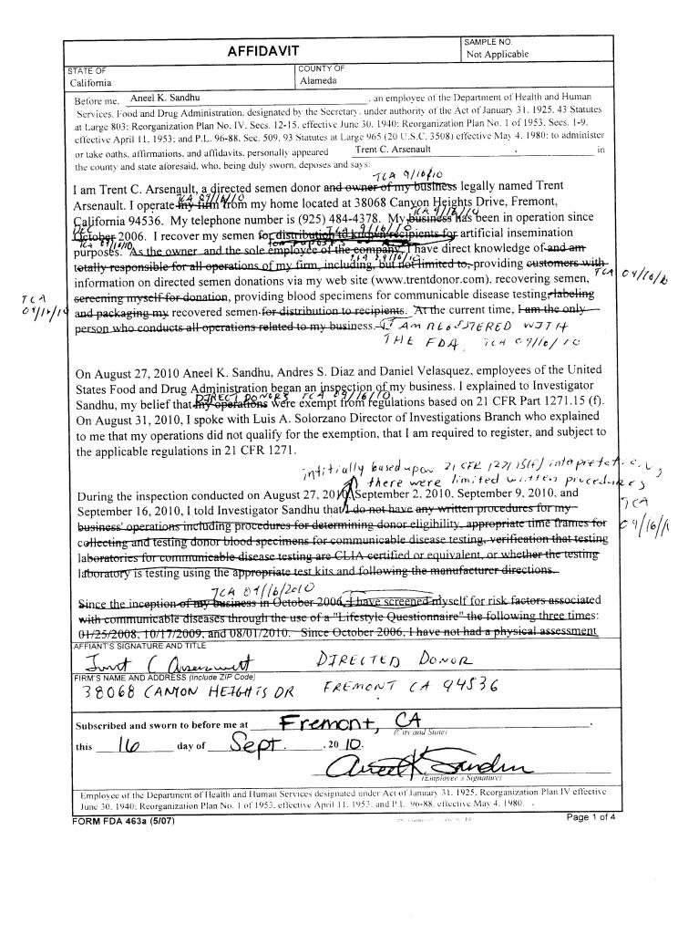 Form FDA 463a Signed Affadavit - 16-Sep-2010 - Page 1 of 4