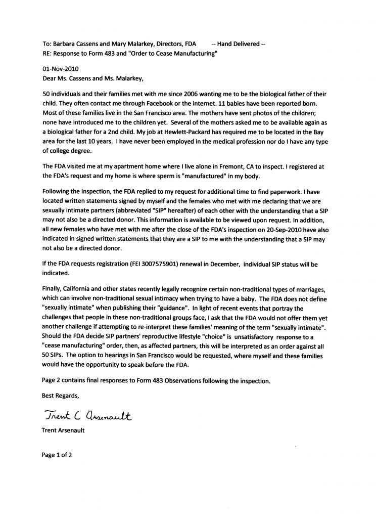 Reply to FDA Inspection and Cease Order - 01-Nov-2010 - Page 1 of 2