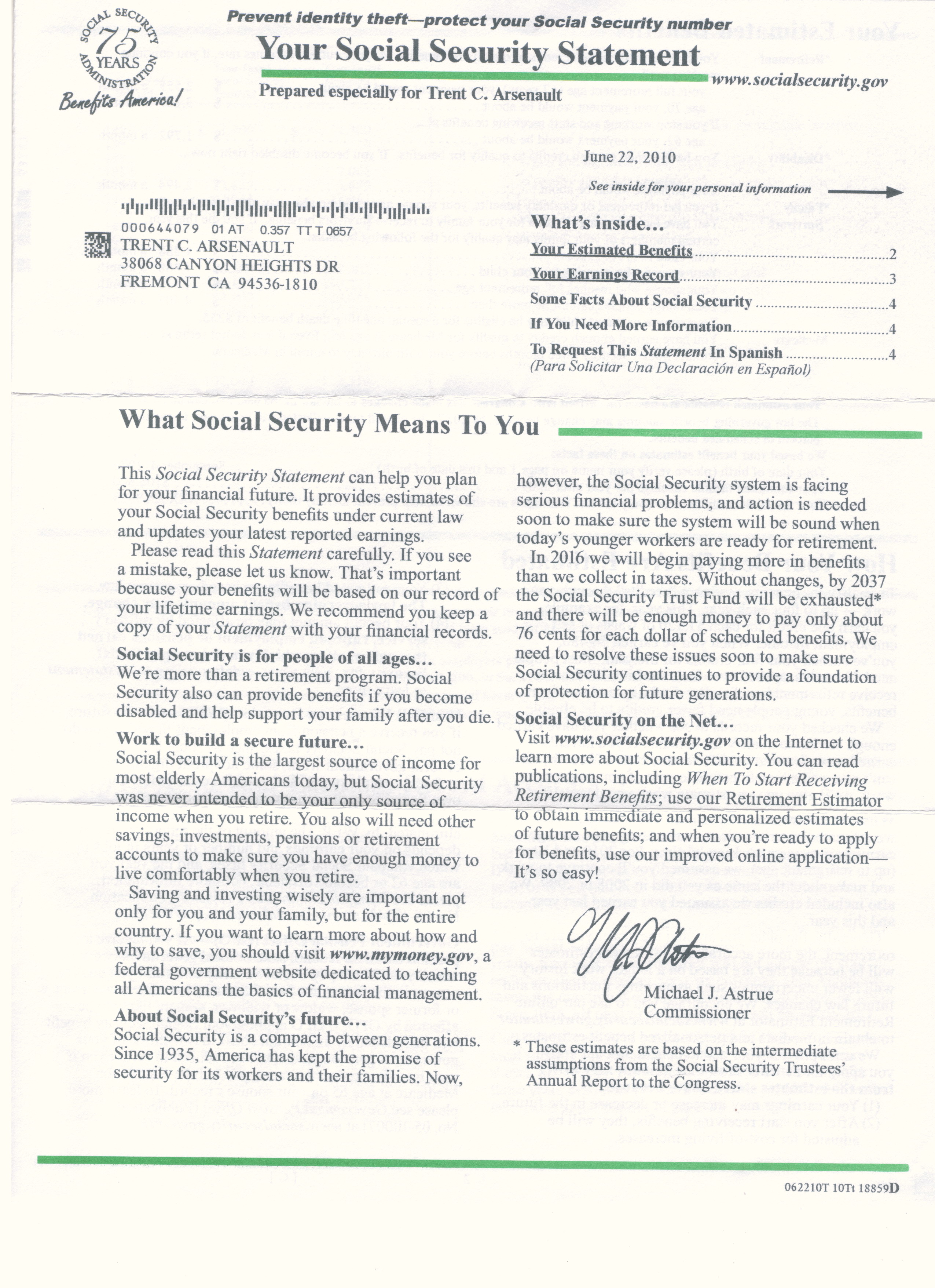 Social Security Statement Page 1