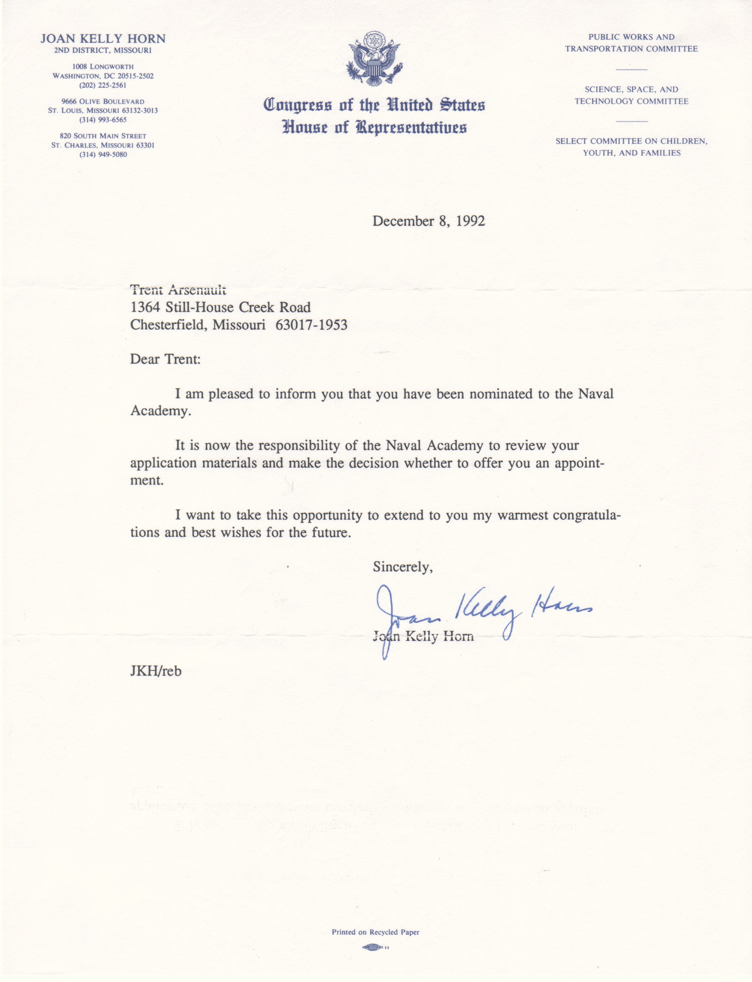 Nomation from Congresswoman Joan Kelly Horn