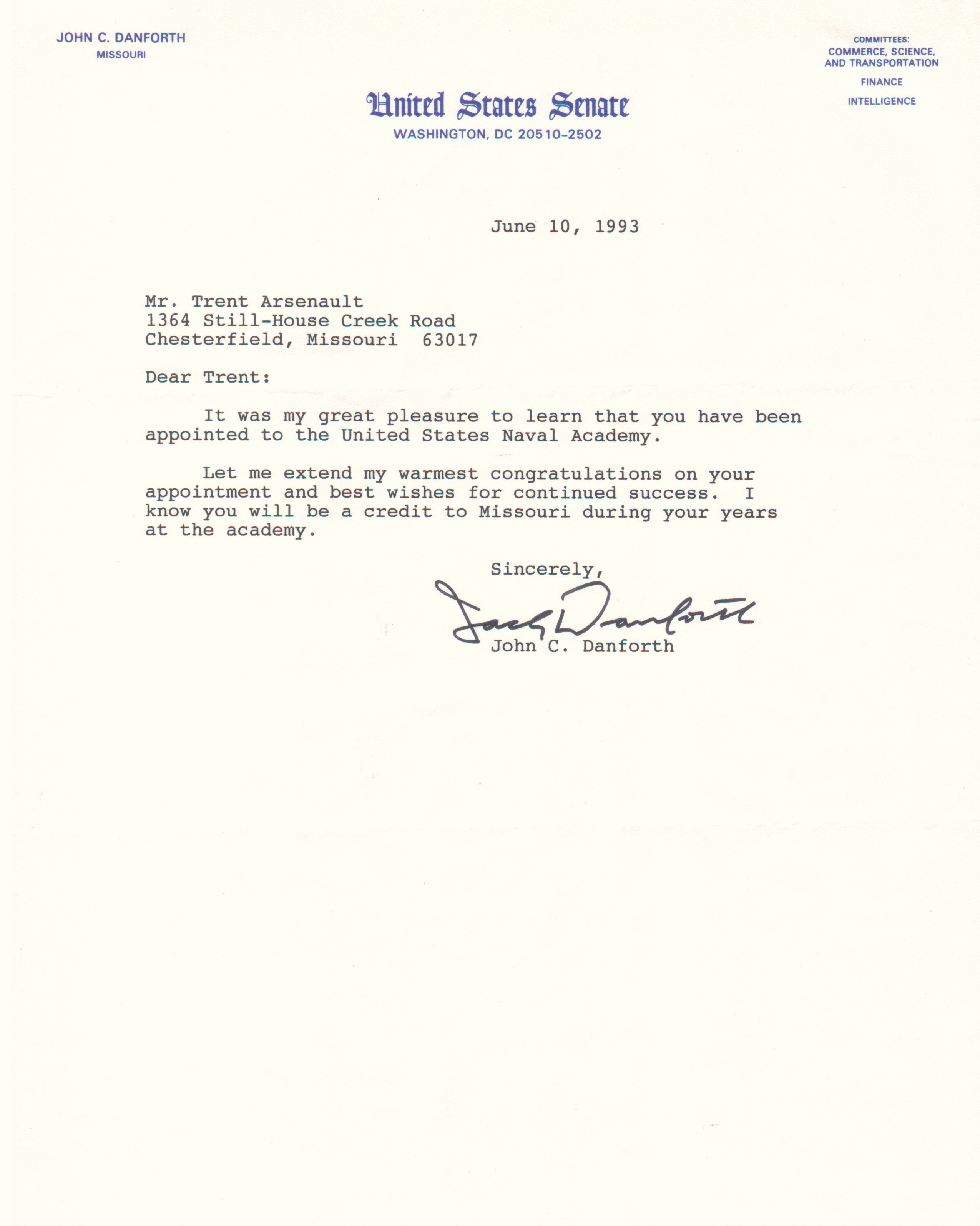 US Senate Nomation from Senator Jack Danforth