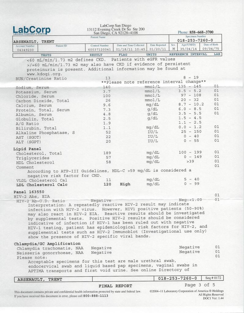 Trent STD Results Jan 2011, Pg 3 of 5 (Lipd Panel, HIV, Chlamydia, Gonorrhoeae)