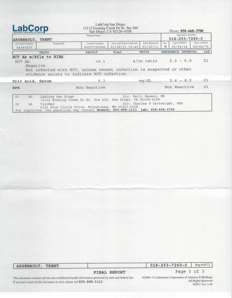 Trent STD Results Jan 2011, Pg 5 of 5 (Hepatitis C, Uric Acid, RPR)